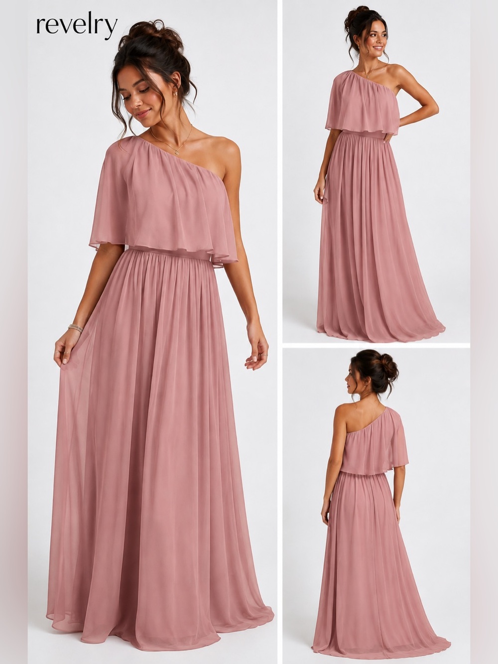 Revelry Pink One Shoulder Chiffon Bridesmaid Maxi Dress Formal Gown size 10